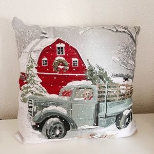 At Home Light Grey Winter Dog and Barn Decorative Throw Pillow